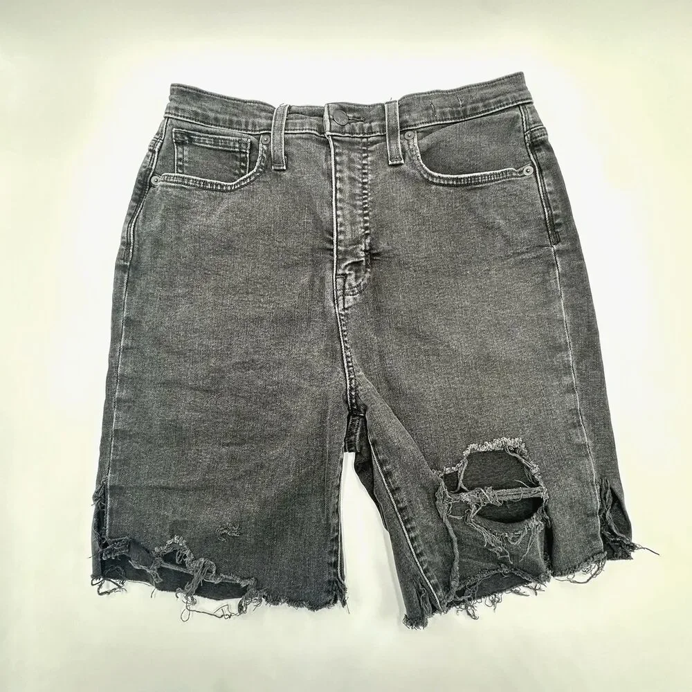 Madewell THE MOMJEAN Black Denim Shorts Size 29 Distressed Raw Cut Off 8